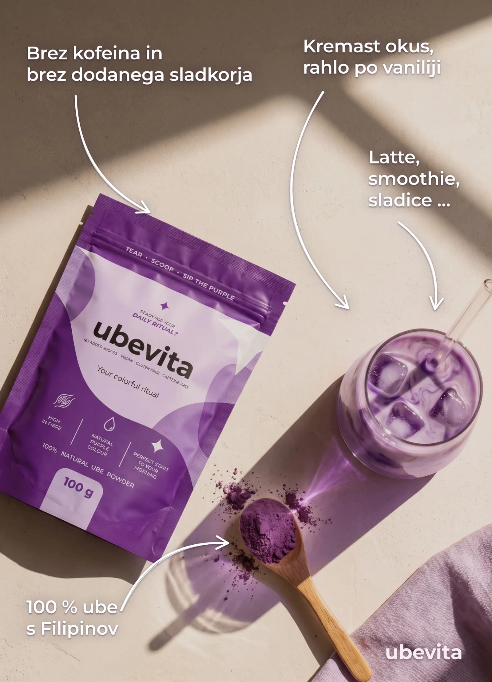 Ubevita ube prah in ledeni latte s prikazom lastnosti ter uporabe v napitkih in sladicah