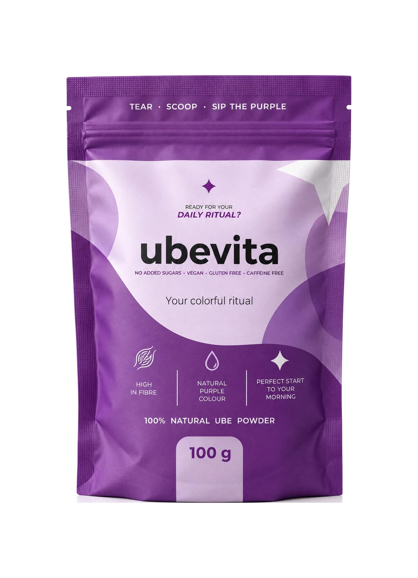 Ubevita ube prah 100 g v vijolični embalaži na belem ozadju
